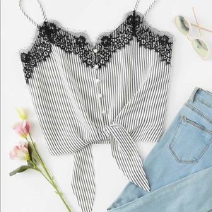 Lace Striped Cami Top w/ Knot